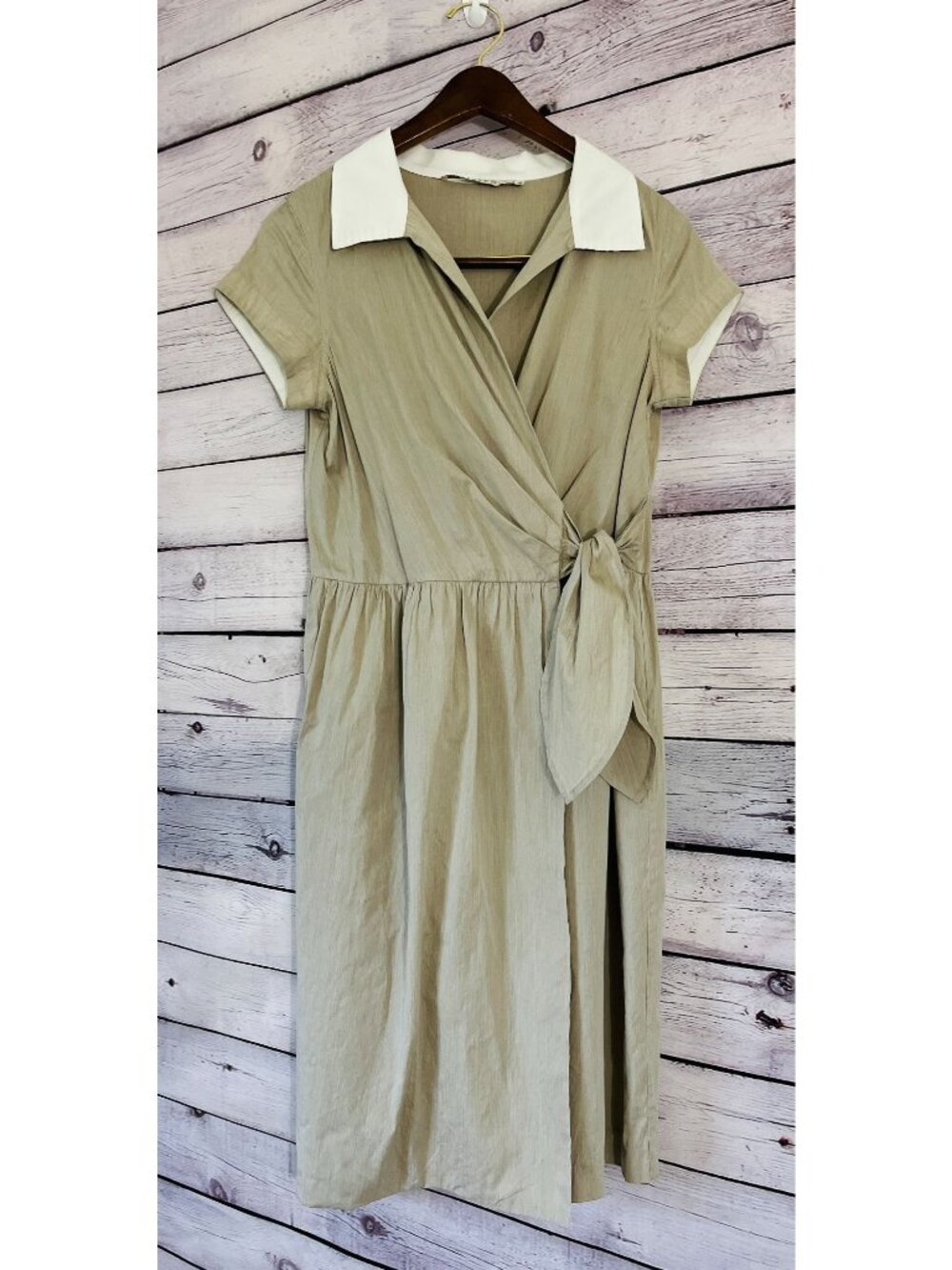 Pell & Co Short Sleeve Beige Silk Blend Faux Wrap Dress ~Women’s Size 4